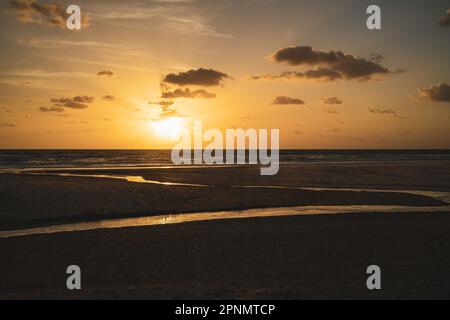 Früher goldener Sonnenaufgang am Strand vom Strand mit Wasserstrahl, der sich durch den Sand zieht. Aufnahme mit Blick auf den Pazifischen Ozean. Stockfoto