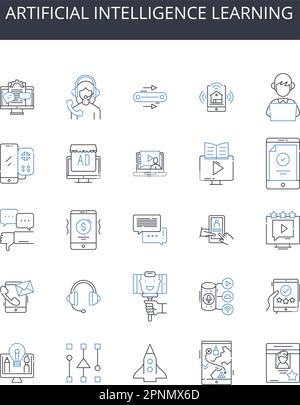 Symbolsammlung für Lernzeilen mit künstlicher Intelligenz. Maschinelles Lernen, kognitive Computertechnik, Deep Learning, prädiktive Modellierung, Datenanalyse Stock Vektor