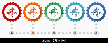 DNA, Gentechnik-Vektor-Symbolsatz, farbenfrohe Infografik-Vorlage, Satz flacher Badge-Symbole in 5 Farboptionen Stock Vektor