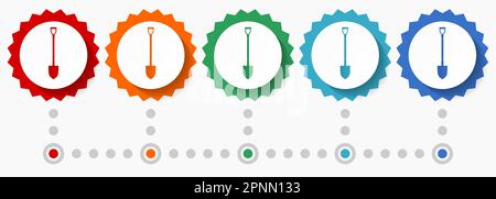 Schaufel, Vektorsatz für Gartenwerkzeuge, farbenfrohe Infografik-Vorlage, Satz flacher Badge-Symbole in 5 Farboptionen Stock Vektor