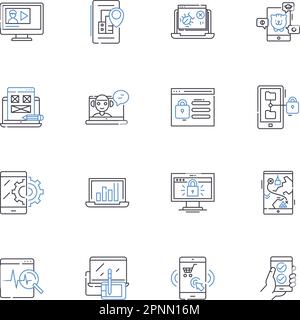 Symbolsammlung für die Nettosphärenlinie. Konnektivität, Vernetzung, Digitalisierung, Globalisierung, Information, Zugänglichkeit, Innovationsvektor und Stock Vektor