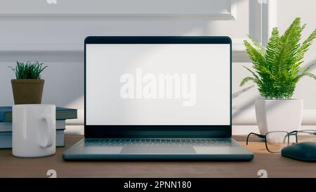 Modell eines Laptopbildschirms auf einem Holztisch vor einer weißen Wand, 3D-Darstellung Stockfoto