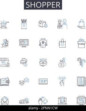 Kollektion mit Symbolen für Käuferlinien. Verbraucher, Käufer, Kunde, Patron, Kunde, Benutzer, Einkäufer-Vektor und lineare Darstellung. Shopaholic, Schaufensterbummel Stock Vektor