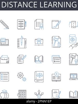 Symbolsammlung für Distanz-Lernlinien. E-Learning, virtuelle Bildung, Online-Unterricht, Fernunterricht, webbasierte Schulung, Digitaler Lehrplan Stock Vektor