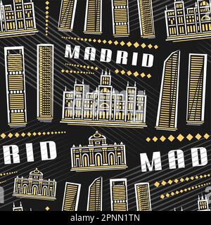 Vector Madrid Seamless Pattern, quadratischer Wiederholungshintergrund mit Darstellung der europäischen stadtlandschaft madrids auf dunklem Hintergrund für Geschenkpapier, Dekor Stock Vektor