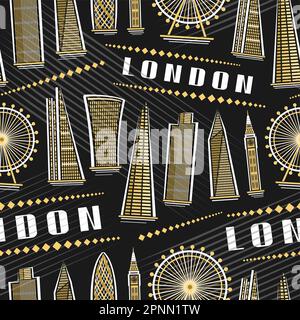 Vector London Seamless Pattern, quadratischer, sich wiederholender Hintergrund mit Illustration der berühmten londoner Stadtlandschaft auf dunklem Hintergrund für Geschenkpapier und Dekor Stock Vektor