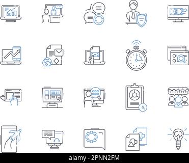 Symbolsammlung für Marketinglinien durchsuchen. SEO, SCHLÜSSELWÖRTER, PPC, SERP, ROI, Analyse, Adwords Vektor und lineare Illustration. Inhalt, Einstufung, Konvertierung Stock Vektor