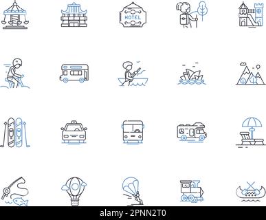 Globetrotting Vagabonds Line Icons Kollektion. Abenteuer, Wanderlust, Rucksacktourismus, Nomads, Reisen, Exploration, Freedom Vector und lineare Illustration Stock Vektor