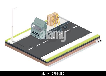 Isometrischer Laster mit Kisten auf der Straße. Gewerblicher Transport. Logistik. City-Objekt für Infografiken. Vektordarstellung. Stock Vektor