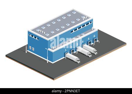 Logistikzentrum Für Isometrische Verteilung. Lagereinrichtungen mit LKW isoliert auf weißem Hintergrund. Vektordarstellung. Stock Vektor