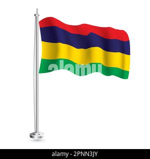 Mauritische Flagge. Isolierte realistische Wellenflagge des Landes Mauritius auf Flaggenmast. Vektordarstellung. Stock Vektor