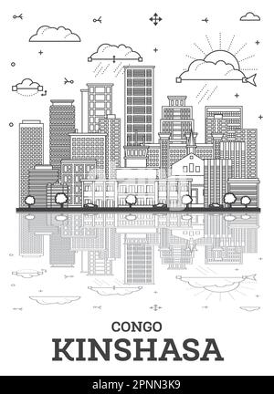 Skizzieren Sie Kinshasa Congo City Skyline mit modernen Gebäuden und Reflektionen isoliert auf Weiß. Vektorgrafik. Kinshasa Stadtbild Afrika. Stock Vektor