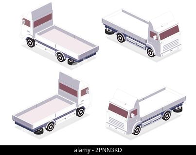 Isometrischer Ladeflächenwagen. Rück- und Vorderansicht. Gewerblicher Transport. Logistik. Vektordarstellung. Leeres Fahrzeug für Güterbeförderung. Stock Vektor