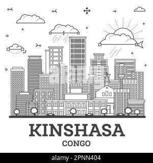 Skizzieren Sie Kinshasa Congo City Skyline mit modernen und historischen Gebäuden isoliert auf Weiß. Vektorgrafik. Kinshasa Afrika Stadtbild mit Landmark Stock Vektor