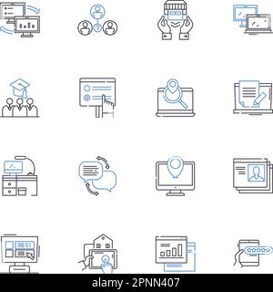 Symbolsammlung für elektronische Lernzeilen. E-Learning, Online, digital, webbasiert, virtuell, Interaktive, intelligente Vektordarstellung und lineare Darstellung Stock Vektor