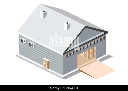 Isometrisches Lager. Großes Gebäude für die Verteilungs- oder Lagergüter Vektordarstellung. Logistisches Objekt isoliert auf weißem Hintergrund. Stock Vektor