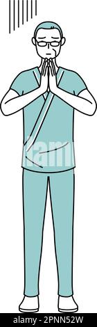 Ein Mann mittleren Alters und Seniorenalter nahm einen Patienten im Krankenhauskleid auf, der sich mit seinen Händen vor seinem Körper entschuldigte, Vector Illustration Stock Vektor