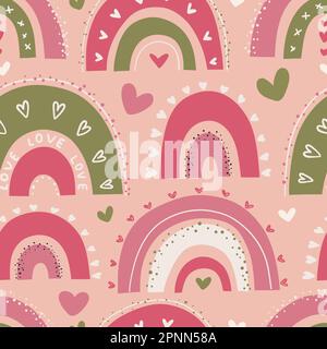 Nahtloses kindliches Muster mit süßen Regenbogen und Regenwolken im Kritzelstil. Farbige Flachvektordarstellung des Kindergartendesigns für den Druck Stock Vektor
