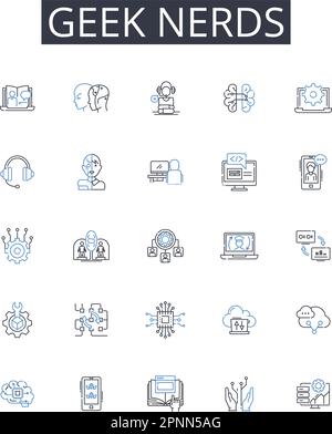 „Geek Nerds Line Icons“-Kollektion. Brainiacs, Savants, Technophile, Intellektuelle, Cognoscenti, Schlaue Bande, allwissende Vektoren und lineare Illustration Stock Vektor