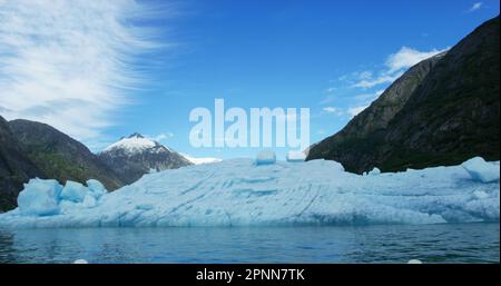 Beobachten Sie die Eisschollen und Eisberge auf dem Fluss in einem kleinen Boot. Felsen, Eis, Flüsse, Wälder und Berge: Die Sommerlandschaft von Alaska. Stockfoto
