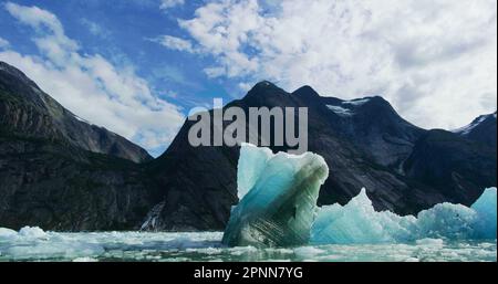 Beobachten Sie die Eisschollen und Eisberge auf dem Fluss in einem kleinen Boot. Felsen, Eis, Flüsse, Wälder und Berge: Die Sommerlandschaft von Alaska. Stockfoto