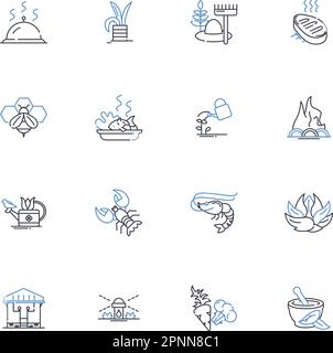 Icons-Kollektion für die Lebensmittelsicherheitslinie. Zugriff, Erschwinglichkeit, Verfügbarkeit, Verteilung, Hungersnot, Genetisch modifiziert, Globalisierungsvektor und linear Stock Vektor