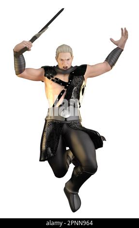 Krieger in alter Rüstung mit großem Schwert, 3D Illustration. Stockfoto