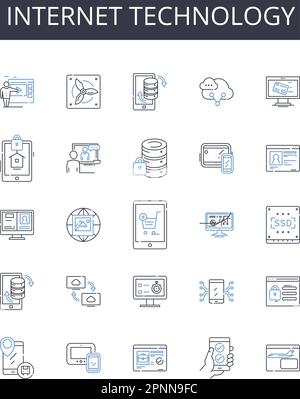 Symbolsammlung für Internettechnologie. Computerhardware, soziale Medien, digitale Kommunikation, Mobilgeräte, Informationstechnologie, Kabellos Stock Vektor