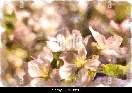 Zartrosa Frühlingsapfelblüte, digitaler Maleffekt, Fotobearbeitung. Stockfoto