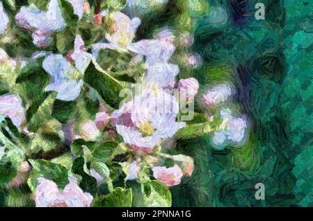 Zartrosa Frühlingsapfelblüte, digitaler Maleffekt, Fotobearbeitung. Stockfoto