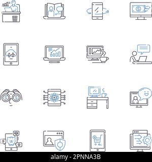 Online-Symbolsammlung für Unternehmenslinien. E-Commerce, virtuell, digital, Marketplace, webbasiert, Internet, Tech-Vektor und lineare Darstellung. Cyber Stock Vektor