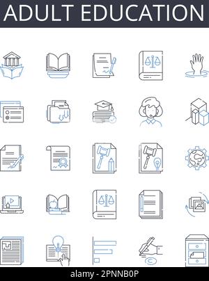Kollektion mit Symbolen für die Erwachsenenbildung. Hochschulbildung, berufliche Entwicklung, Weiterbildung, lebenslanges Lernen, Erwachsenenbildung, Senioren Stock Vektor