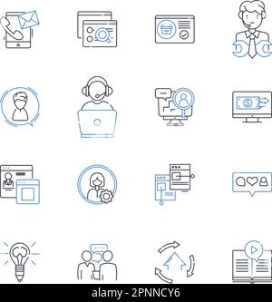 Sammlung von Symbolen für computergestützte Ressourcen. Automatisierung, Digitalisierung, Software, Hardware, Nerks, Datenbanken, Algorithmen, Vektor und linear Stock Vektor