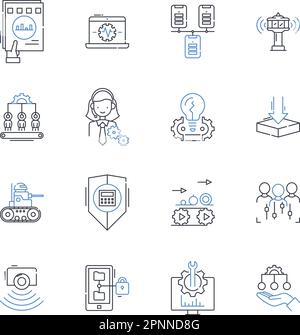 Futuristische Creations Line Icons Kollektion. Cyborgs, Robotik, Luftkissenfahrzeuge, Hologramme, Teleportation, Nanotechnologie, Biotechnologie und linear Stock Vektor