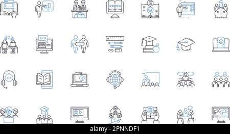 Symbolsammlung für Schullinie. Bildung, Lernen, Klassenzimmer, Lehrer, Schüler, Lehrplan, Lehrplanvektor und lineare Darstellung. Prüfungen, Noten Stock Vektor