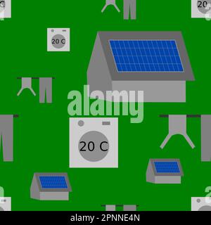 Nahtloses Vektormuster : Symbole für Wäscheeinsparungen mit Solarpaneelen, Waschmaschine bei 20 Grad und Wäschetrocknung an der Wäscheleine Stock Vektor
