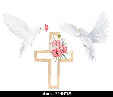 Holzkreuz mit roter Mohnblume und weißer Taube. Aquarell-Design-Element für den Anzac Day. Stockfoto