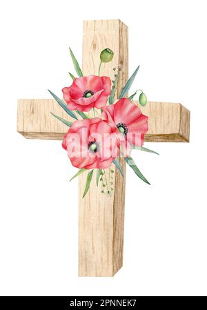 Holzkreuz mit roter Mohnblume. Aquarell-Design-Element für den Anzac Day. Damit wir es nicht vergessen Stockfoto