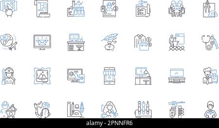 Ausgelagerte Symbolsammlung für Linien. Effizienz, Kosteneffizienz, Spezialisierung, Delegation, Partnerschaft, Flexibilität, Zuverlässigkeit, Vektor und linear Stock Vektor