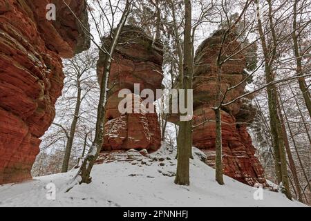 Naturdenkmal Altschlossfelsen, Eppenbrunn, Rheinland-Pfalz, Deutschland, Naturdenkmal Altschlossfelsen, Pfaelzer-Wald, Eppenbrunn Stockfoto