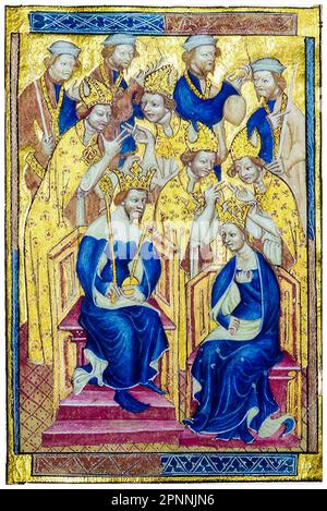 Krönung von Richard II. Von England (1367-1400), König von England (1377-1399) und seiner ersten Frau Anne von Böhmen (1366-1394) als Königliche Gemahlin von England am 22. Januar 1382. Beleuchtete Miniatur-Manuskript-Malerei vor 1399 Stockfoto