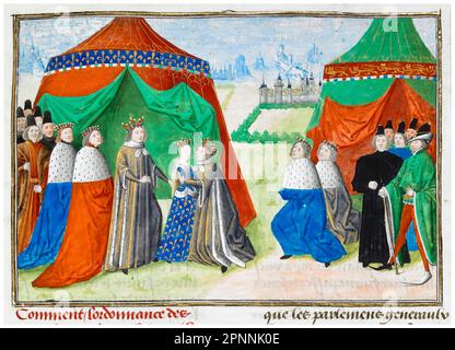 König Richard II. Von England (1367-1400), der seine neue Frau Isabella von Frankreich (1389-1409) von ihrem Vater König Karl VI. Von Frankreich (1368-1422) bei einem Treffen in Ardres bei Calais empfangen hat. Isabella von Valois war erst sechs Jahre alt, Richard war neunundzwanzig, Miniatur-beleuchtetes Manuskript von Jean Froissart, 1470-1472 Stockfoto