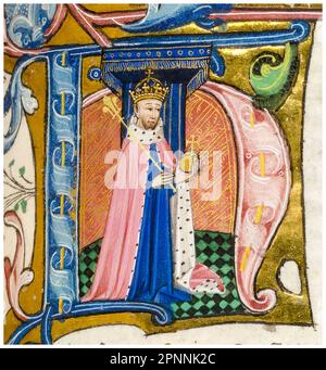 Heinrich IV. Von England (1367-1413), auch bekannt als Henry Bolingbroke, König von England (1399-1413), trägt eine Krone, einen Hermelin-Bademantel und hält eine Kugel und ein Zepter in der Hand, veranschaulicht in einem historischen ersten H, einem beleuchteten Miniatur-Manuskript-Porträtgemälde, 1451-1480 Stockfoto