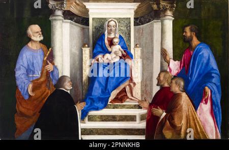 Madonna und Kind mit dem Heiligen Petrus, dem Heiligen Markus und drei venezianischen Prokuratoren, Malerei in Tempera und Öl auf Leinwand auf Holz, von Giovanni Bellini, 1510 Stockfoto