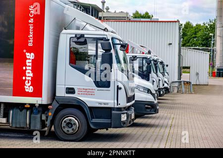 Deutschland, Ludinghauchen, Ca. 2022. Fahrzeuge für den Vertrieb von Produkten stehen hintereinander auf dem Parkplatz. Stockfoto