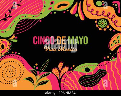 Cinco de Mayo Horizontale Vektordarstellung des farbigen Hintergrunds. Feiertag des mexikanischen Festivals am 5. Mai. Geblümte Folk Art und Memphis Neon Fusion. Website Stock Vektor