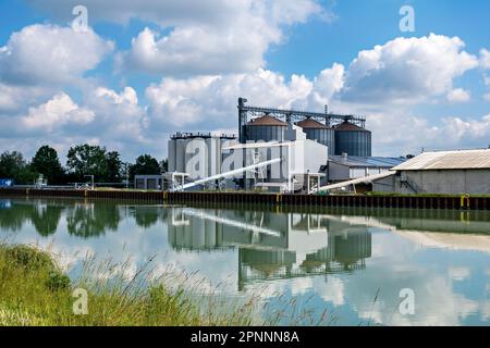 Landwirtschaftliche Verarbeitungsbetriebe für die Verarbeitung, Trocknung, Reinigung und Lagerung landwirtschaftlicher Erzeugnisse, Mehl, Getreide und Getreide. Scheunenaufzug am Ufer der TH Stockfoto