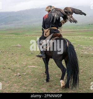 Issyk Kul, Kirgisistan - Mai 2022: Adlertrainer auf einem Pferd und seinem Goldadler, der Adler zum Jagen trainiert, mit traditionellen Techniken Stockfoto