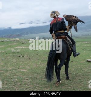 Issyk Kul, Kirgisistan - Mai 2022: Adlertrainer auf einem Pferd und seinem Goldadler, der Adler zum Jagen trainiert, mit traditionellen Techniken Stockfoto