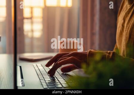Nahaufnahme von männlichen Händen mit Laptop-Computer, der zu Hause vor dem Sonnenuntergang auf der Tastatur tippt. Ein freiberuflicher Mitarbeiter, der von einem entfernten Mitarbeiter aus arbeitet Stockfoto